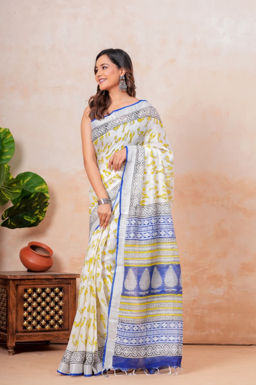 Handblock Print Linen Saree
