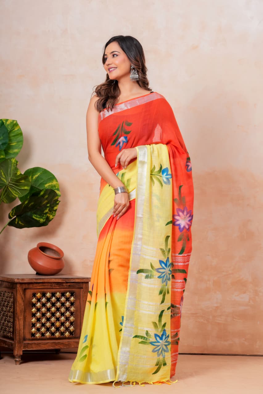 Handblock Print Linen Saree