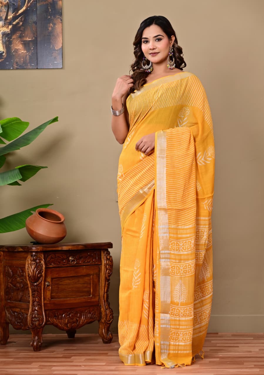 Handblock Print Linen Saree