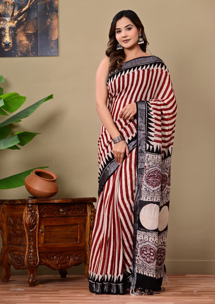 Handblock Print Linen Saree