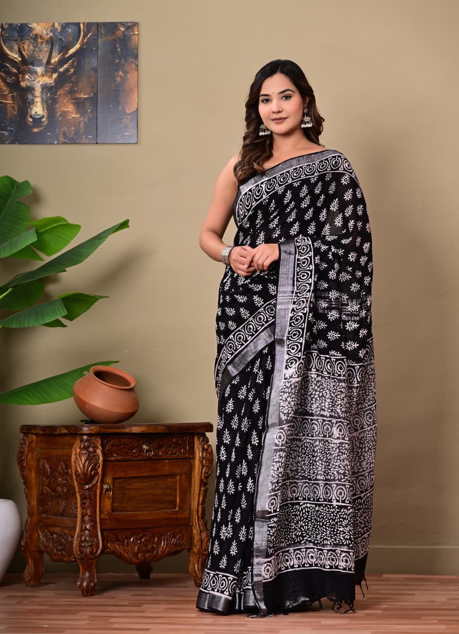 Handblock Print Linen Saree