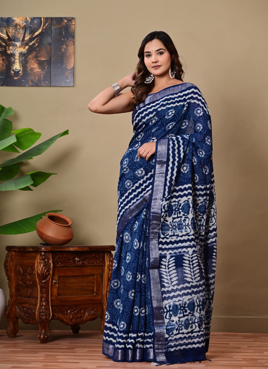 Handblock Print Linen Saree