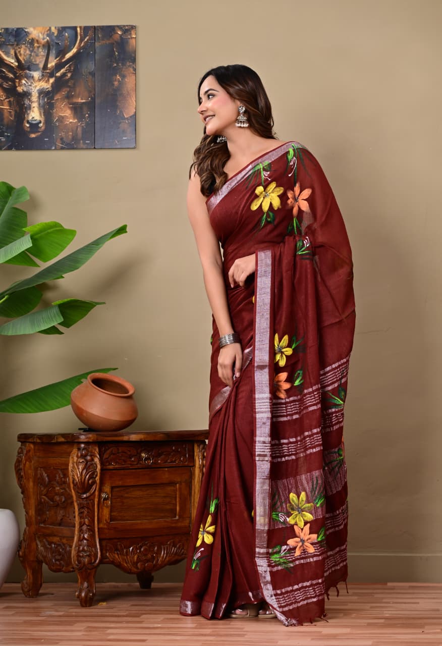 Handblock Print Linen Saree