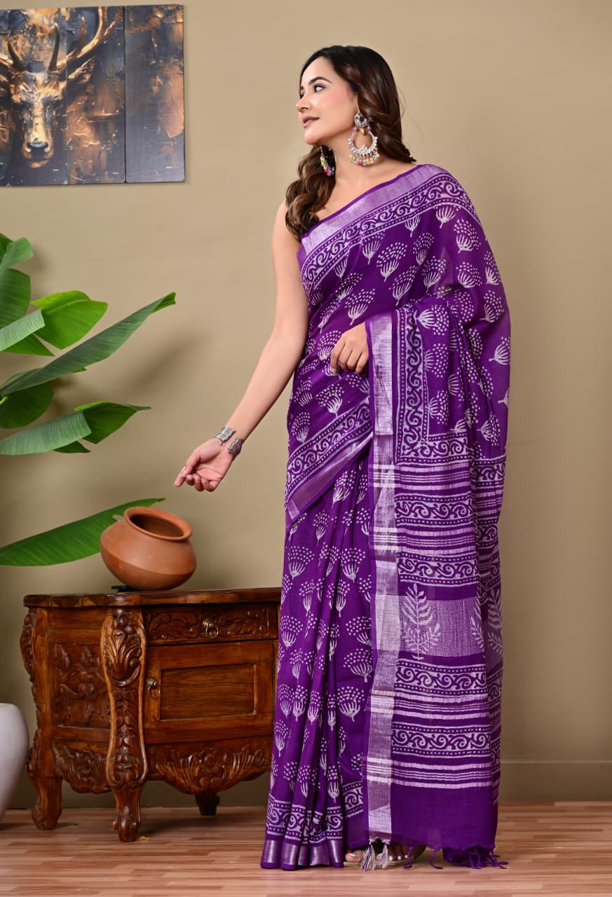 Handblock Print Linen Saree