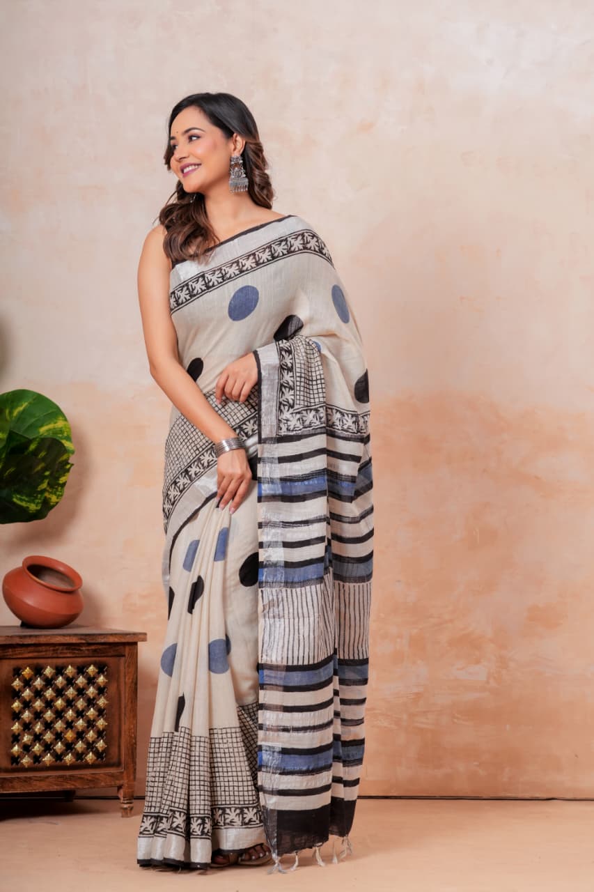 Handblock Print Linen Saree