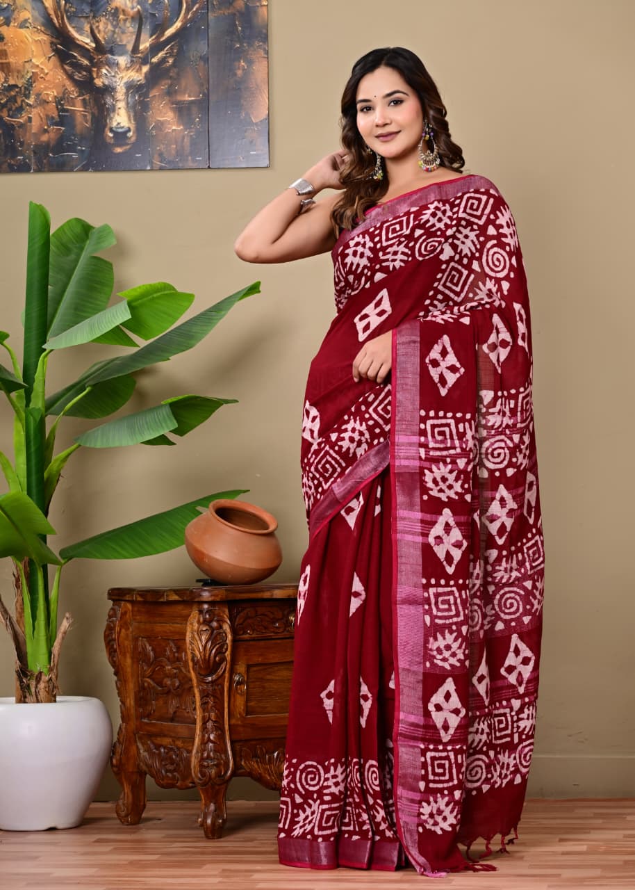 Handblock Print Linen Saree