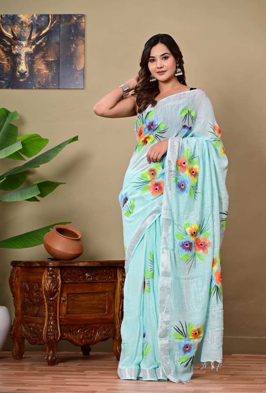 Handblock Print Linen Sarees