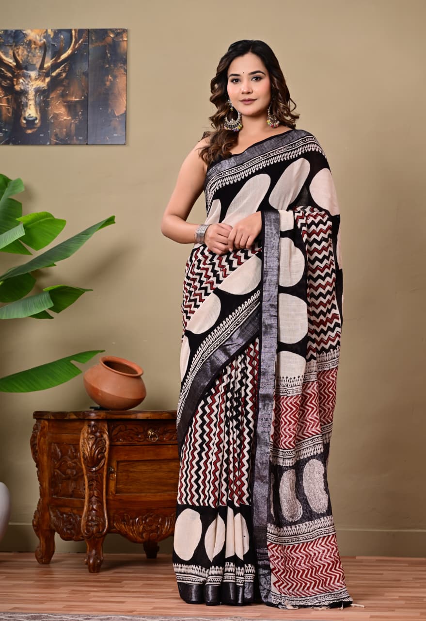 Handblock Print Linen Saree